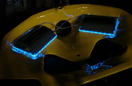 custom 1993 Mazda RX7 rear illuminated, liquid cooled subwoofer amps